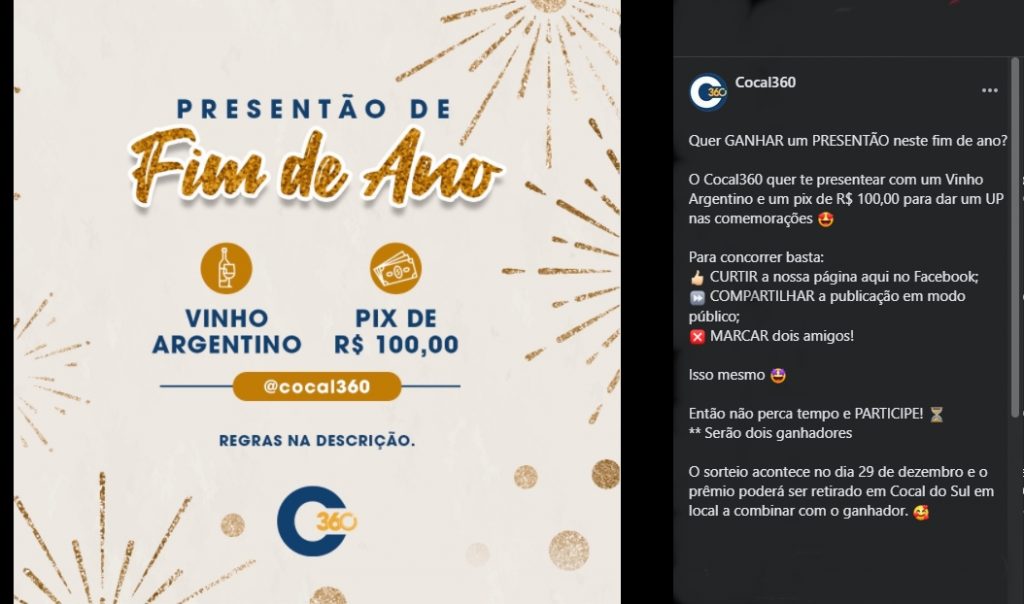 cocal360 promove sorteio de brindes em suas redes sociais face