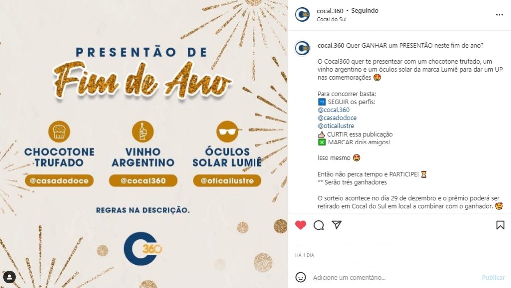 cocal360 promove sorteio de brindes em suas redes sociais gg